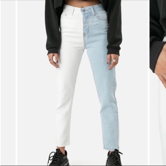 Stevens Color Block Jeans | MOM button fly  Raw Hem High Rise - Picture 5 of 14